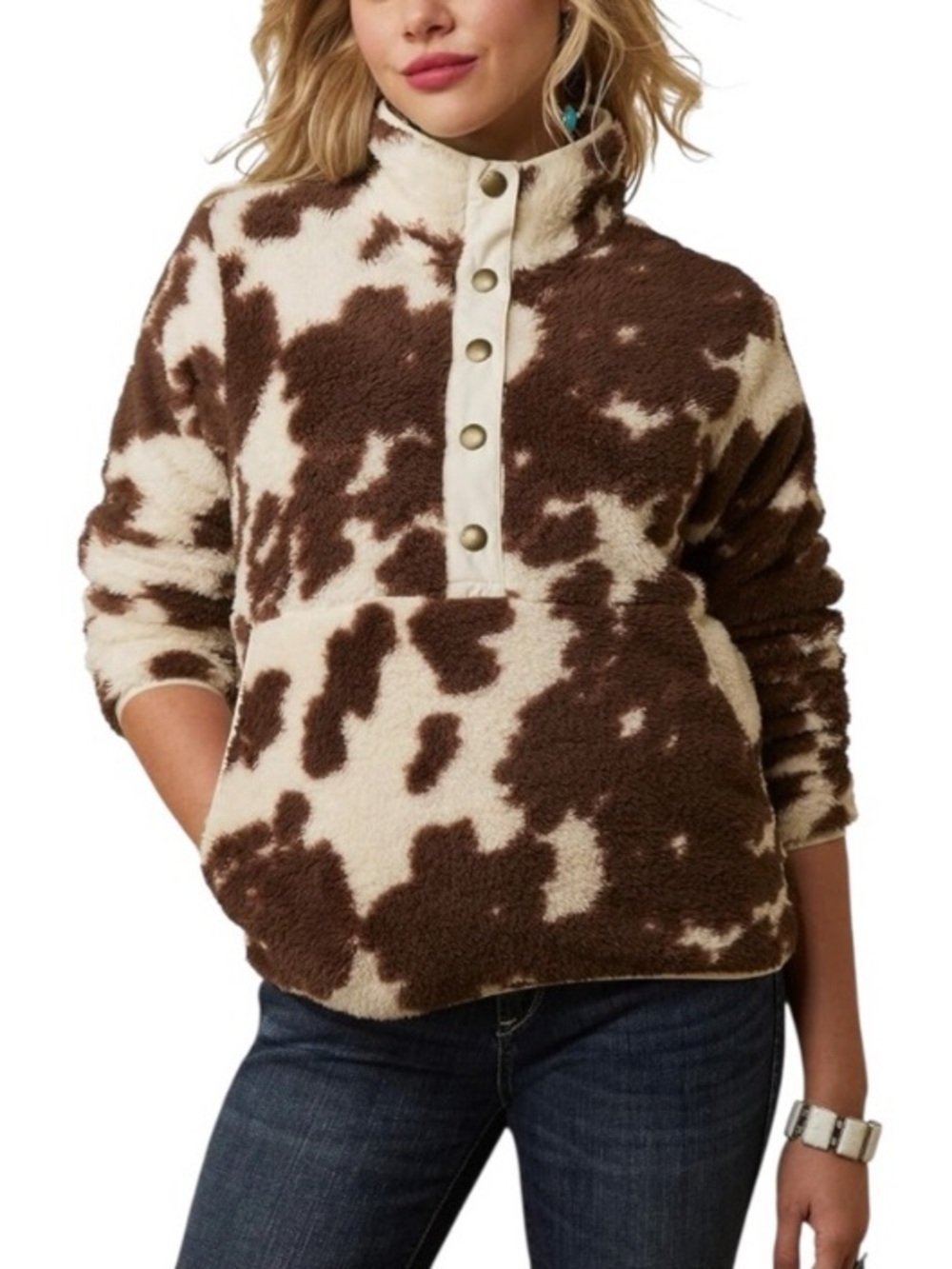 Ariat Women's Berber Half Snap Front Cow Print Sherpa Fleece Pullover - XL